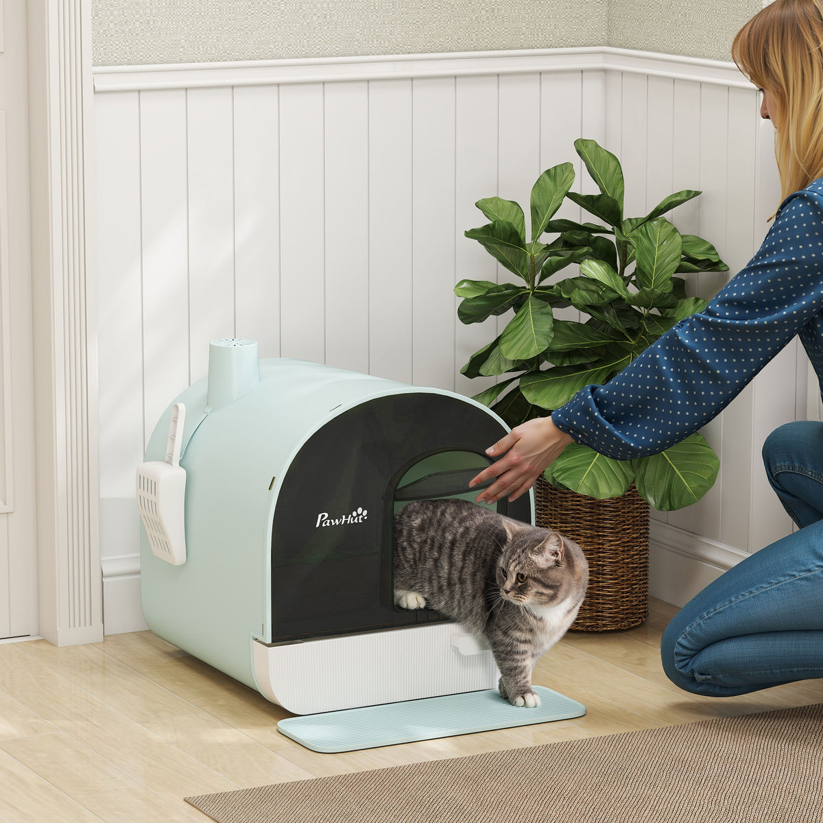 PawHut Covered Cat Litter Box, 17"x17"x18.5", Indoor with Lid, Tray, Scoop, Filter, Green | Aosom.com