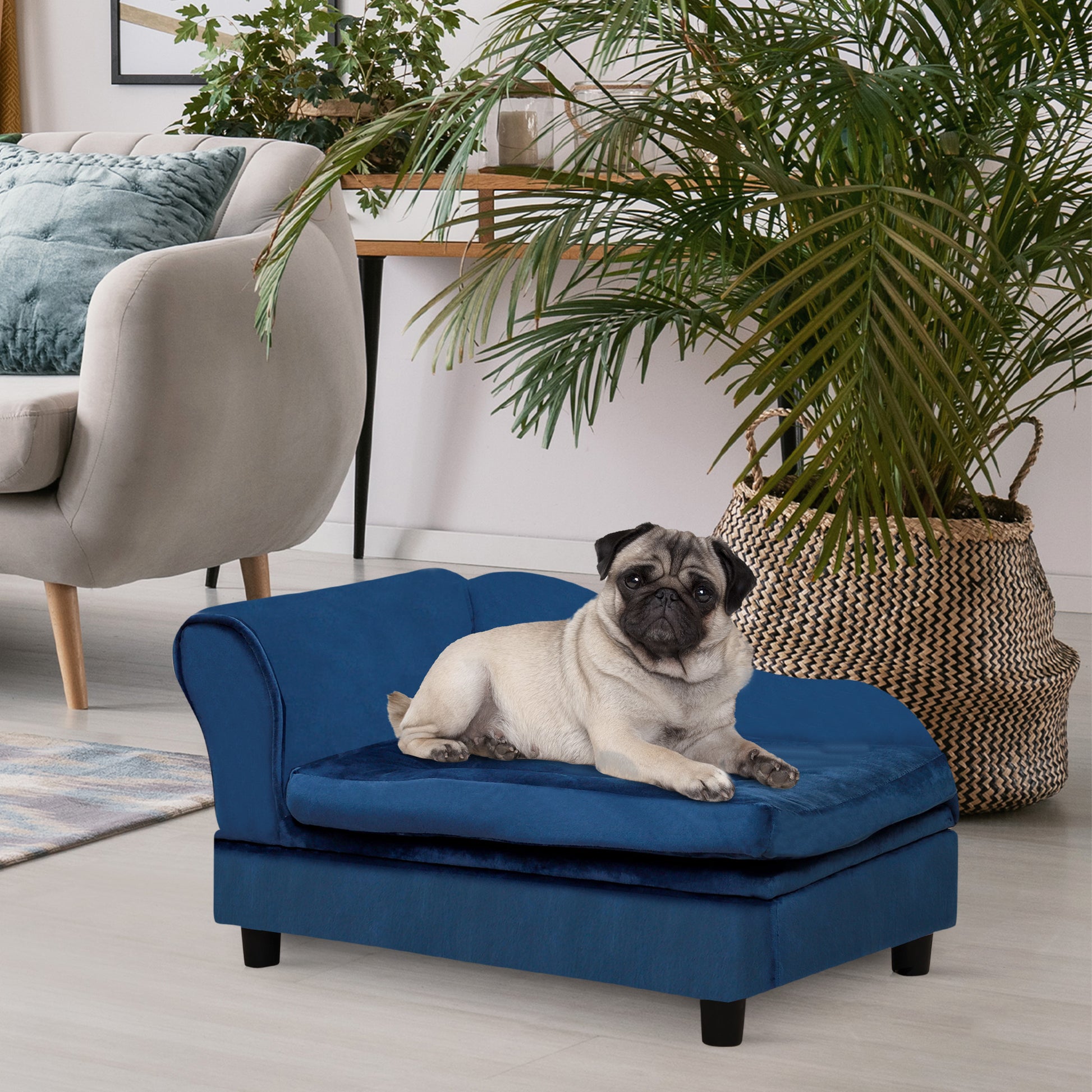 PawHut Pet Sofa Bed with Storage, Cushy Couch for Cats and Small Dogs, Soft Foam Couch, Modern Pet Furniture, Blue | Aosom.com