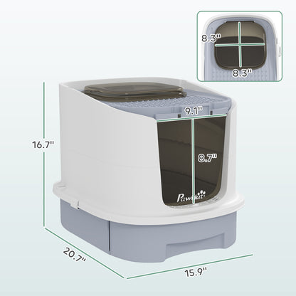 PawHut Covered Cat Litter Box with Lid, Drawer, Scoop, Top Entry, Deodorizing Bags, Odor Control, Easy to Clean, Gray