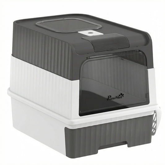 PawHut Cat Litter Box Hooded Cat Litter Tray with Drawer Pan Front Entry & Top Exit Easy Cleaning Gray