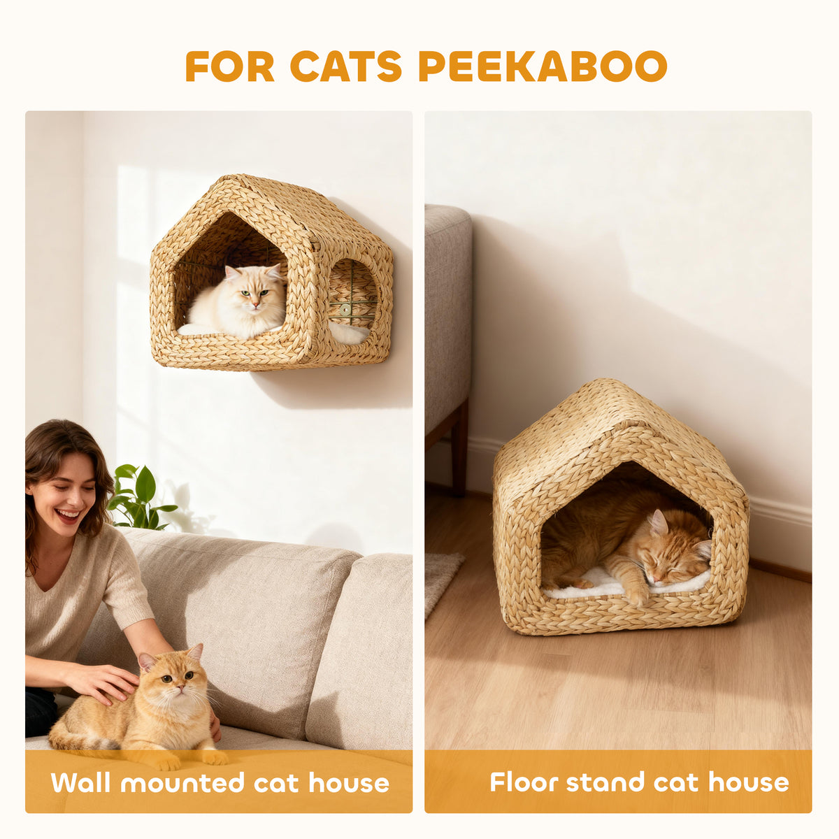 PawHut Wall Mounted Cat House, Cat Wall Furniture, Cat Wall Shelf with Washable Cushion, Natural