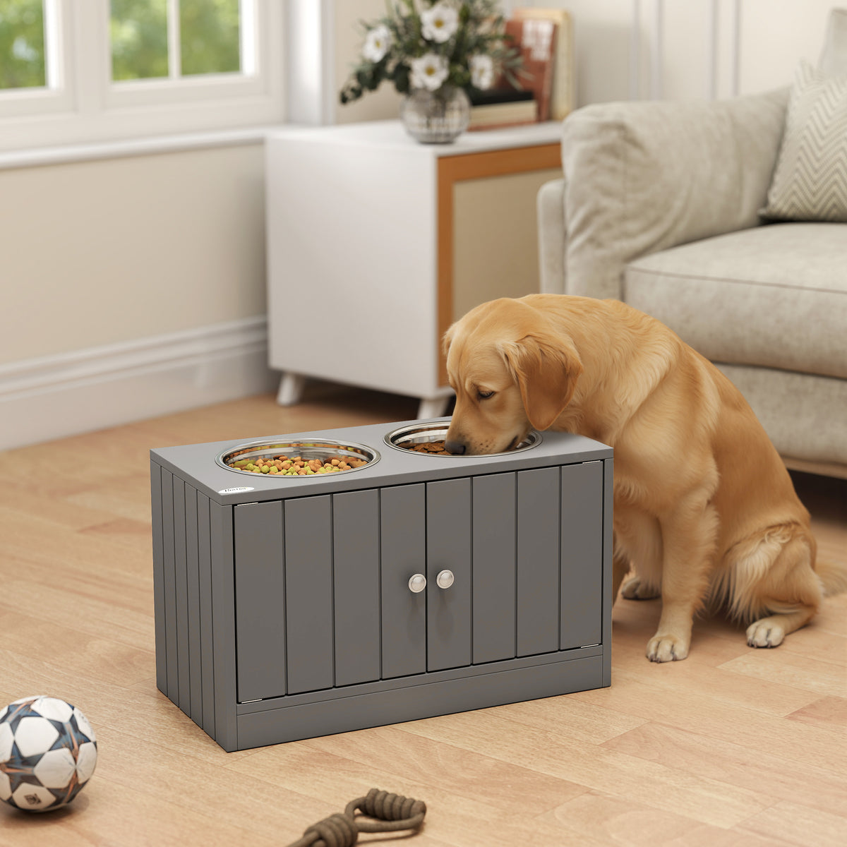 PawHut Large Elevated Dog Bowls with 44L Storage Cabinet, Raised Pet Food Bowl Stand & Feeding Station, Gray | Aosom.com