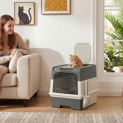PawHut Cat Litter Box Hooded Cat Litter Tray with Drawer Pan Front Entry & Top Exit Easy Cleaning Gray