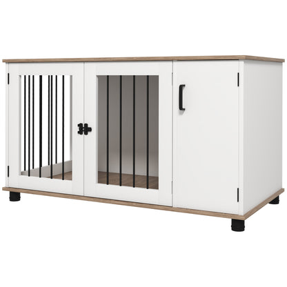 PawHut 2-In-1 Dog Crate Table w/ Double Doors and Storage, Dog Cage for Medium and Large-sized Dogs, Walnut and White | Aosom.com