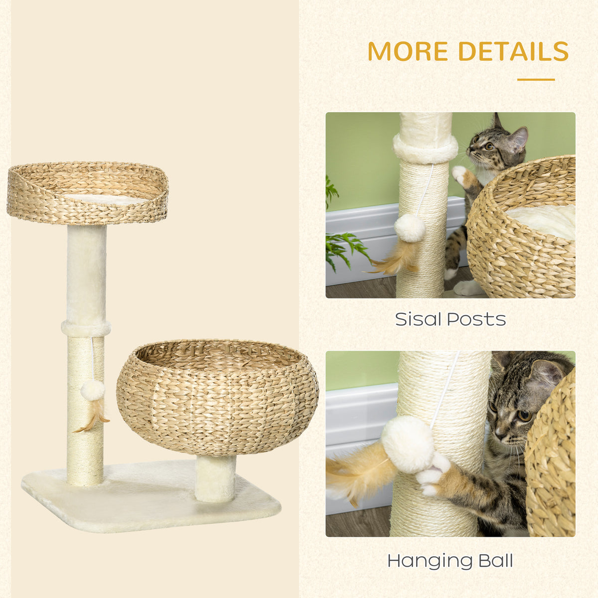 PawHut 28" Elevated Cat Bed with Sisal Scratching Post, Modern Cat Tree with Cute Basket Design, Small Cat Tree with Fun Ball Toy