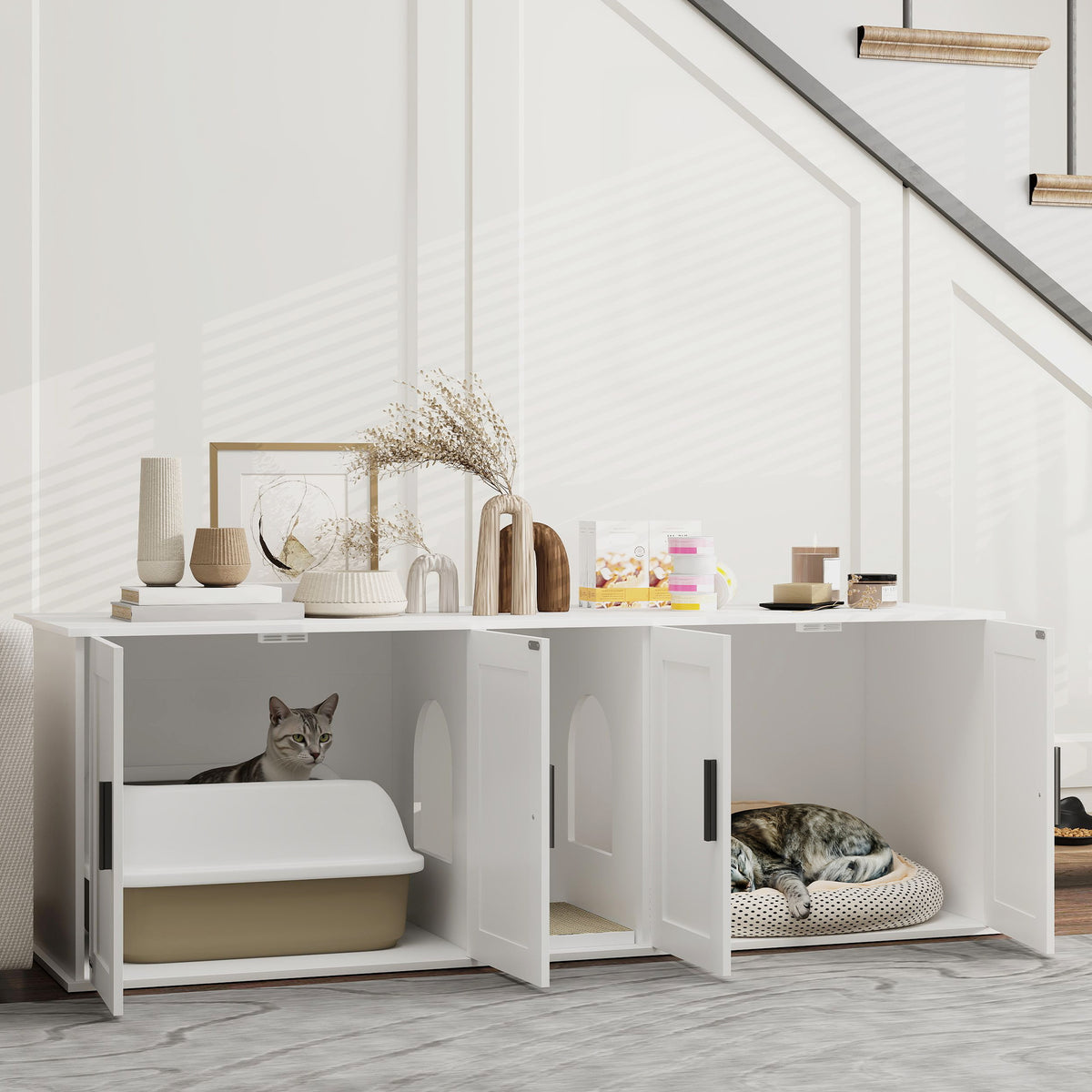 PawHut Cat Litter Box Enclosure with Double Room, Scratching Mat for 2 Cats, 57" x 19" x 20", White