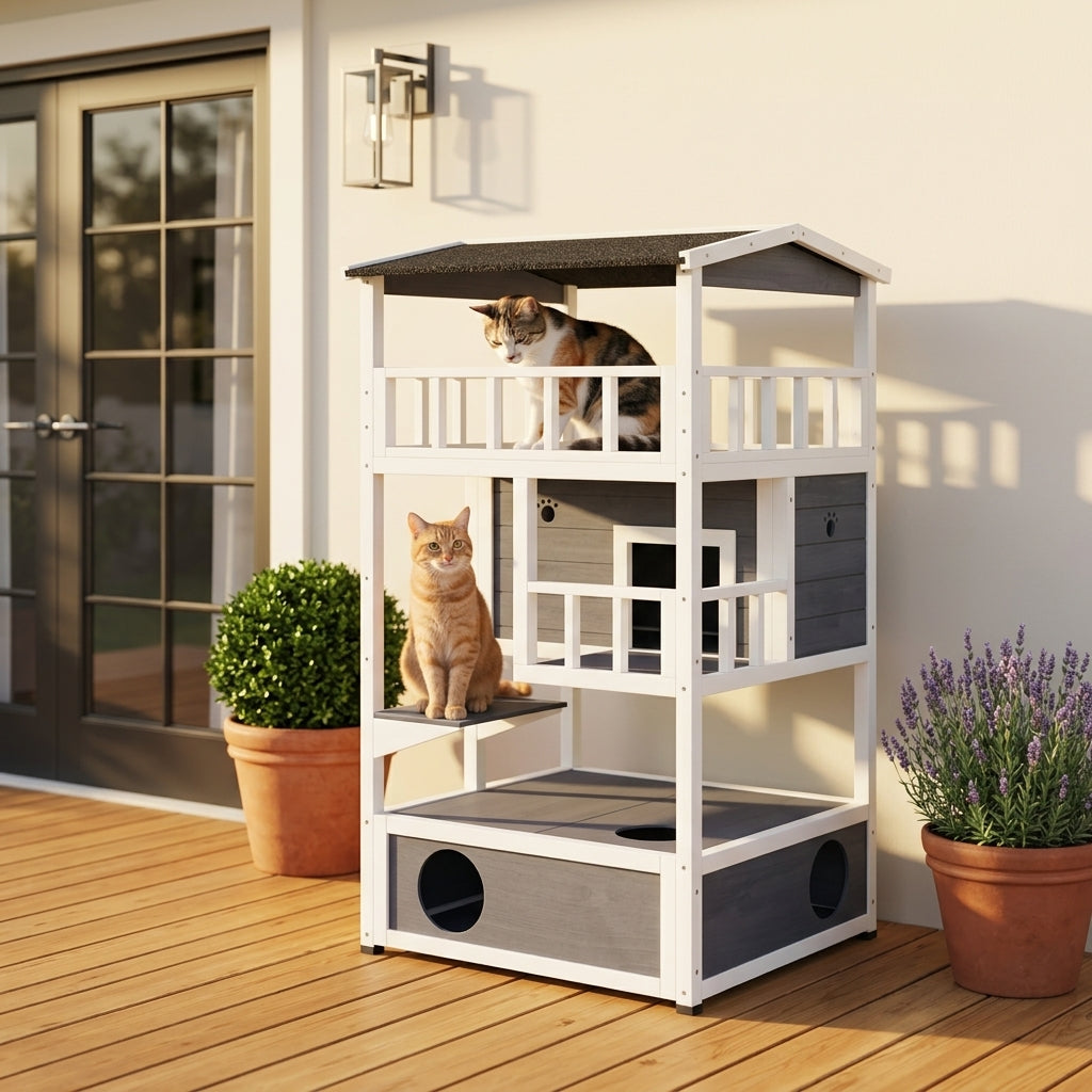 PawHut Solid Wood 4-Floor Cat Condo with Litter Box Space Multi-Level Cat Villa | Aosom.com