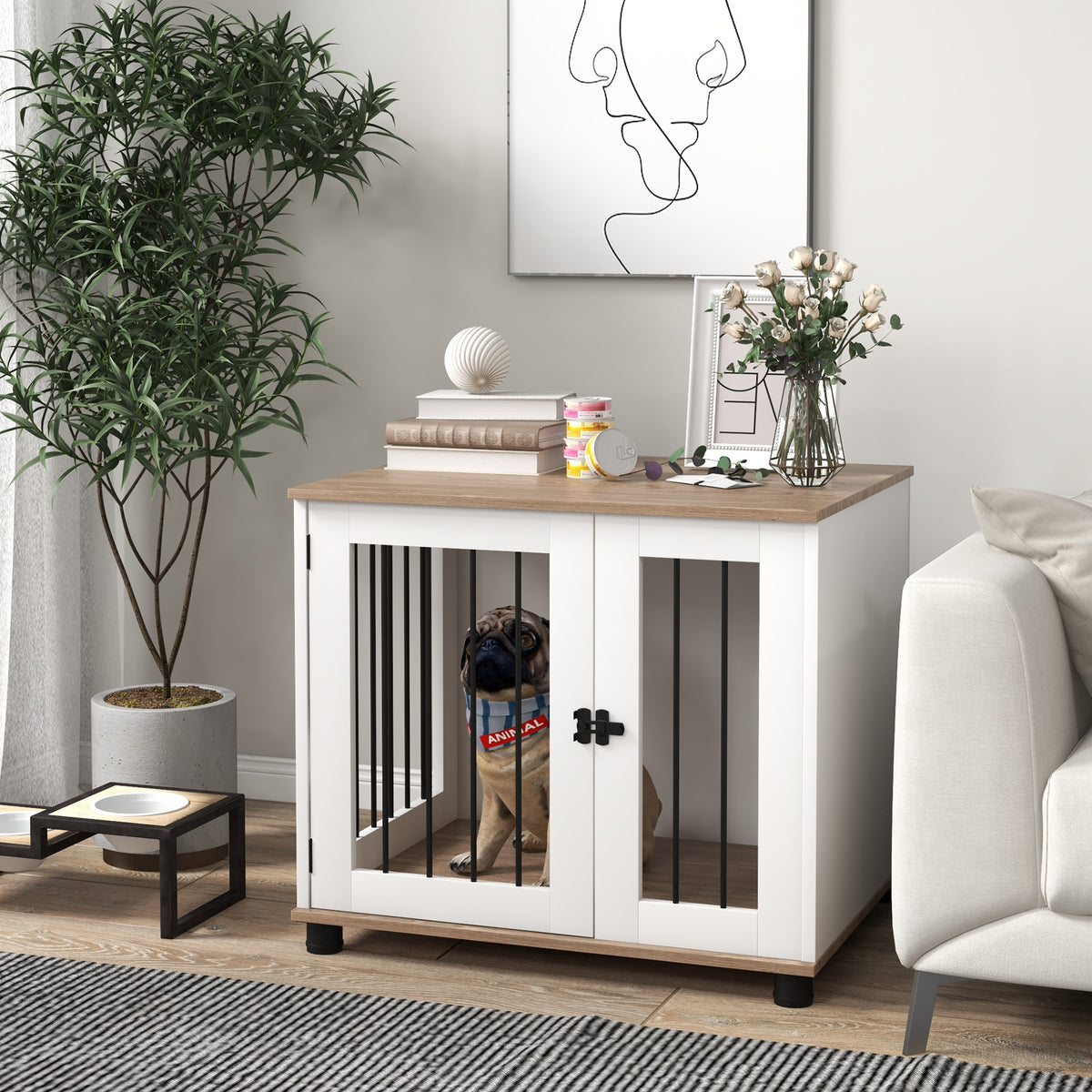 PawHut Dog Crate Furniture, Side Table Indoor Dog Kennel, End Table with Lockable Door for Small and Medium Dogs, Dog Cage, Walnut Brown