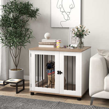 PawHut Dog Crate Furniture, Side Table Indoor Dog Kennel, End Table with Lockable Door for Small and Medium Dogs, Dog Cage, Walnut Brown