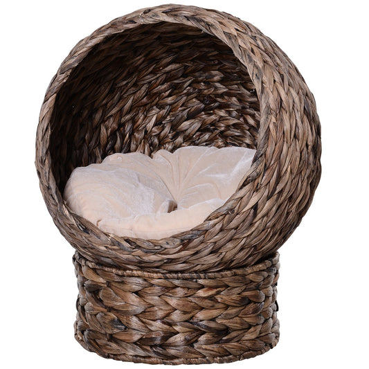 PawHut Handmade Wicker Elevated Cat Bed with Cushion Dark Brown for Kittens | Aosom.com