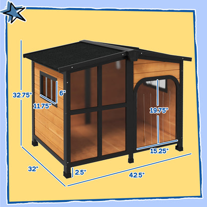 PawHut 43" L Wooden Dog House, Outdoor Waterproof Dog Kennel for Large Dogs with Openable Roof & Giant Window, Yellow | Aosom.com
