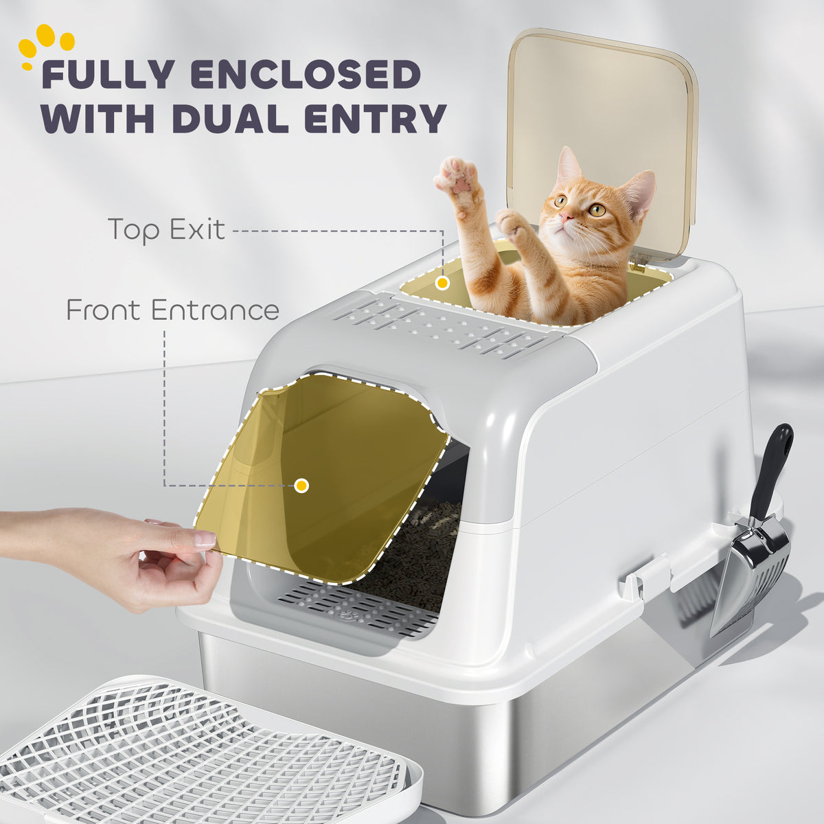 PawHut Extra Large Stainless Steel Litter Box, Enclosed Cat Litter Box with Scoop, Deodorizer Bag, Sand Drop Pedal