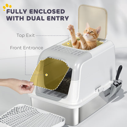 PawHut Extra Large Stainless Steel Litter Box, Enclosed Cat Litter Box with Scoop, Deodorizer Bag, Sand Drop Pedal