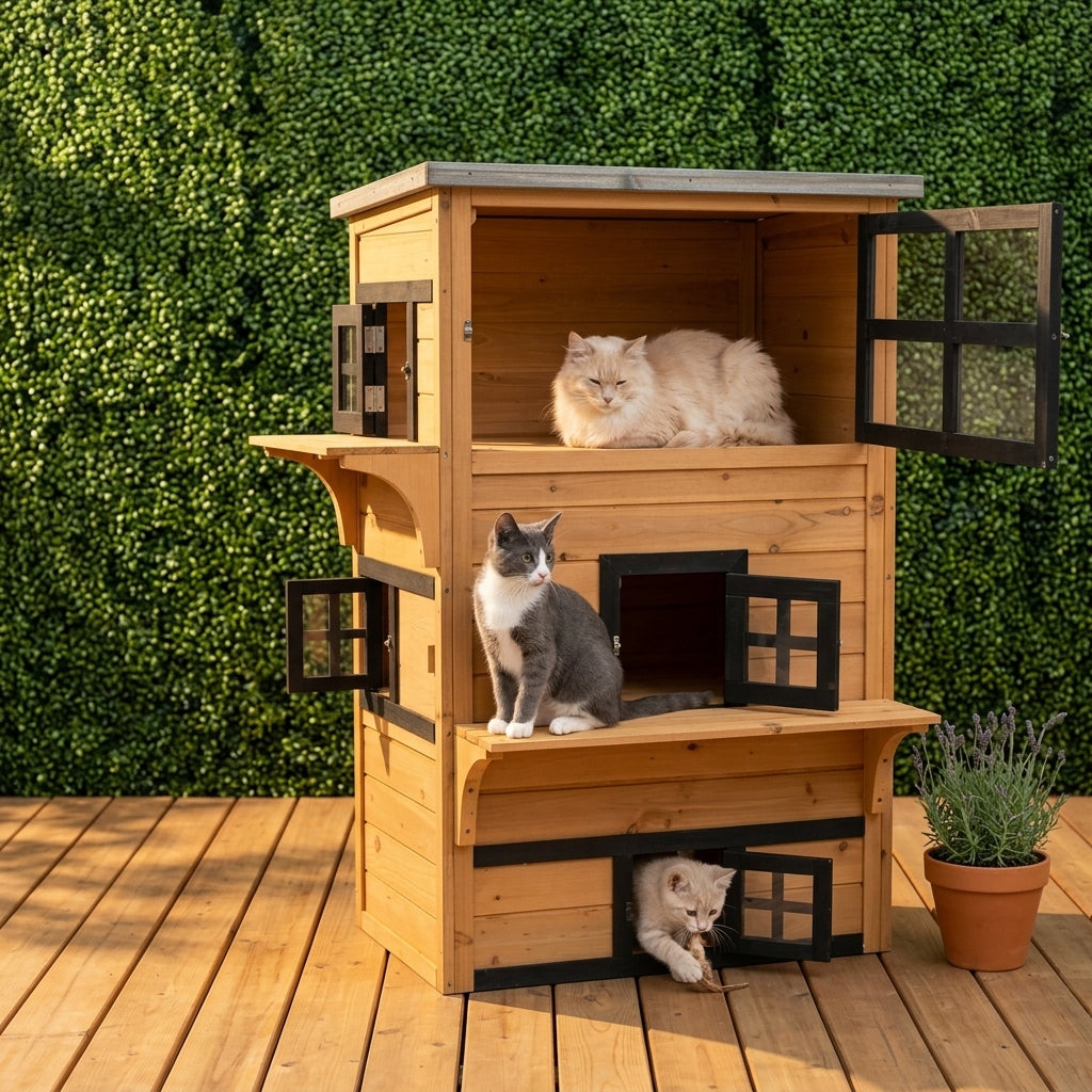 PawHut 3-Tier Cat House Feral Cat House, Outdoor Kitten Condo with Raised Floor, Asphalt Roof, Escape Door, Jumping Platform, Yellow| Aosom.com