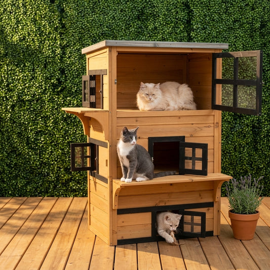 PawHut 3-Tier Cat House Feral Cat House, Outdoor Kitten Condo with Raised Floor, Asphalt Roof, Escape Door, Jumping Platform, Yellow| Aosom.com