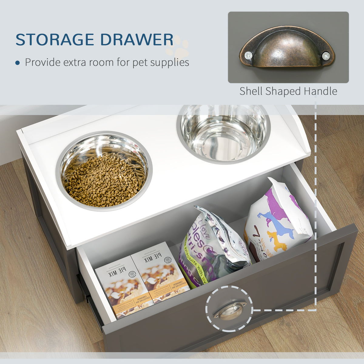 PawHut Elevated Dog Bowl Station with Storage Drawer 21L Capacity & 2 Stainless Bowls Gray | Aosom.com