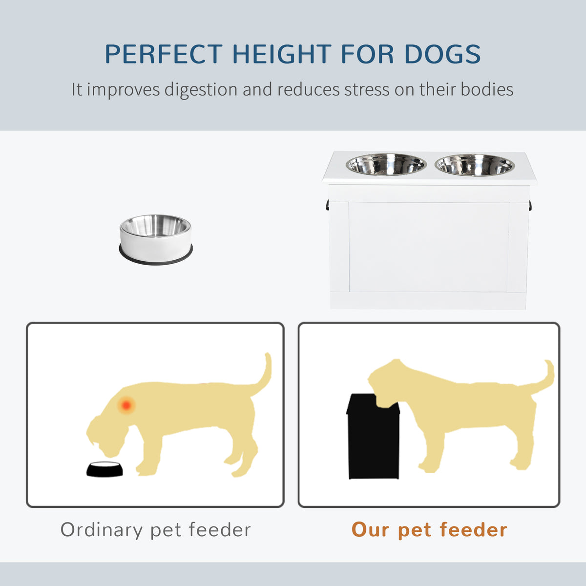 PawHut White Raised Pet Dining Station with Food Storage and Steel Bowls for Big Pups | Aosom.com
