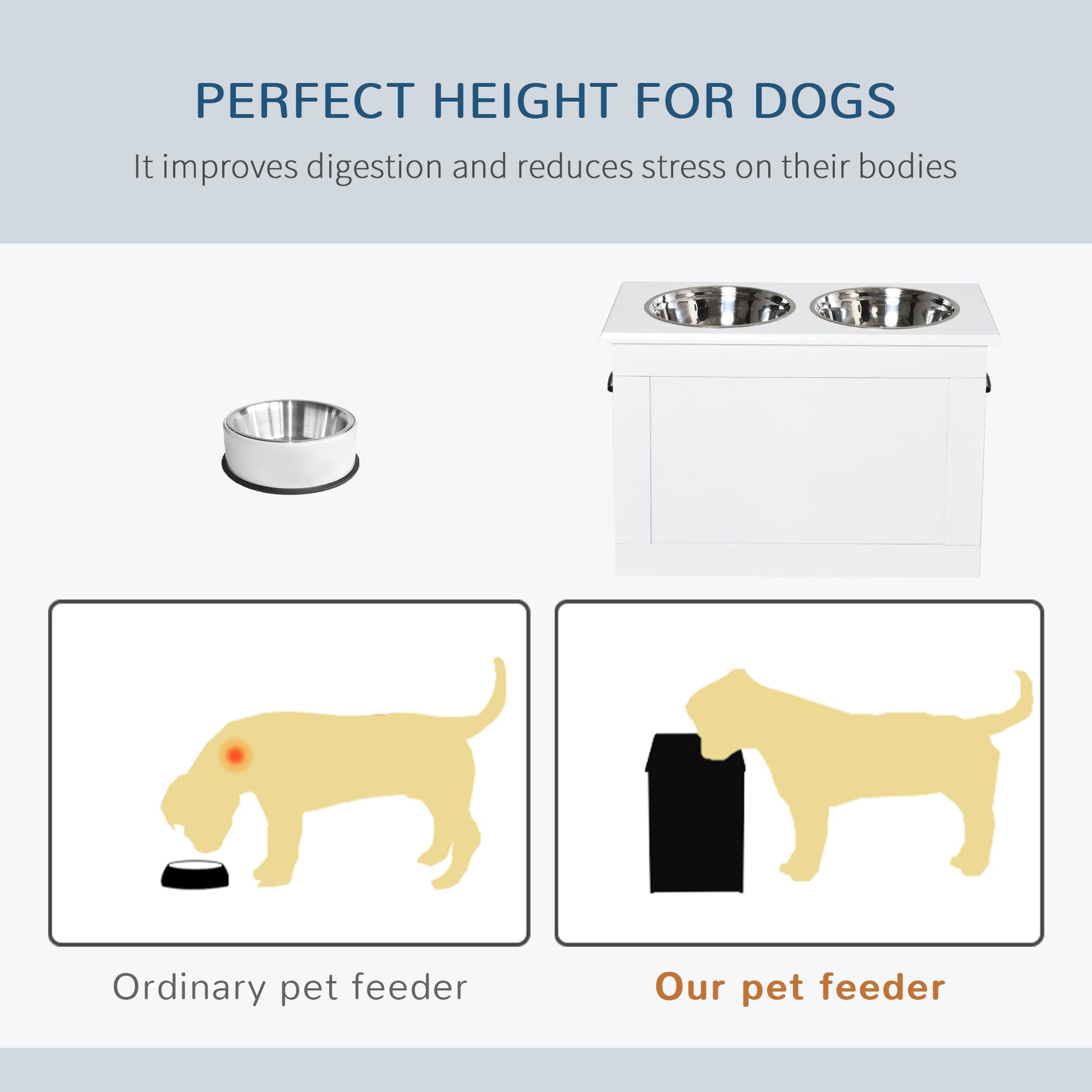 PawHut White Raised Pet Dining Station with Food Storage and Steel Bowls for Big Pups | Aosom.com