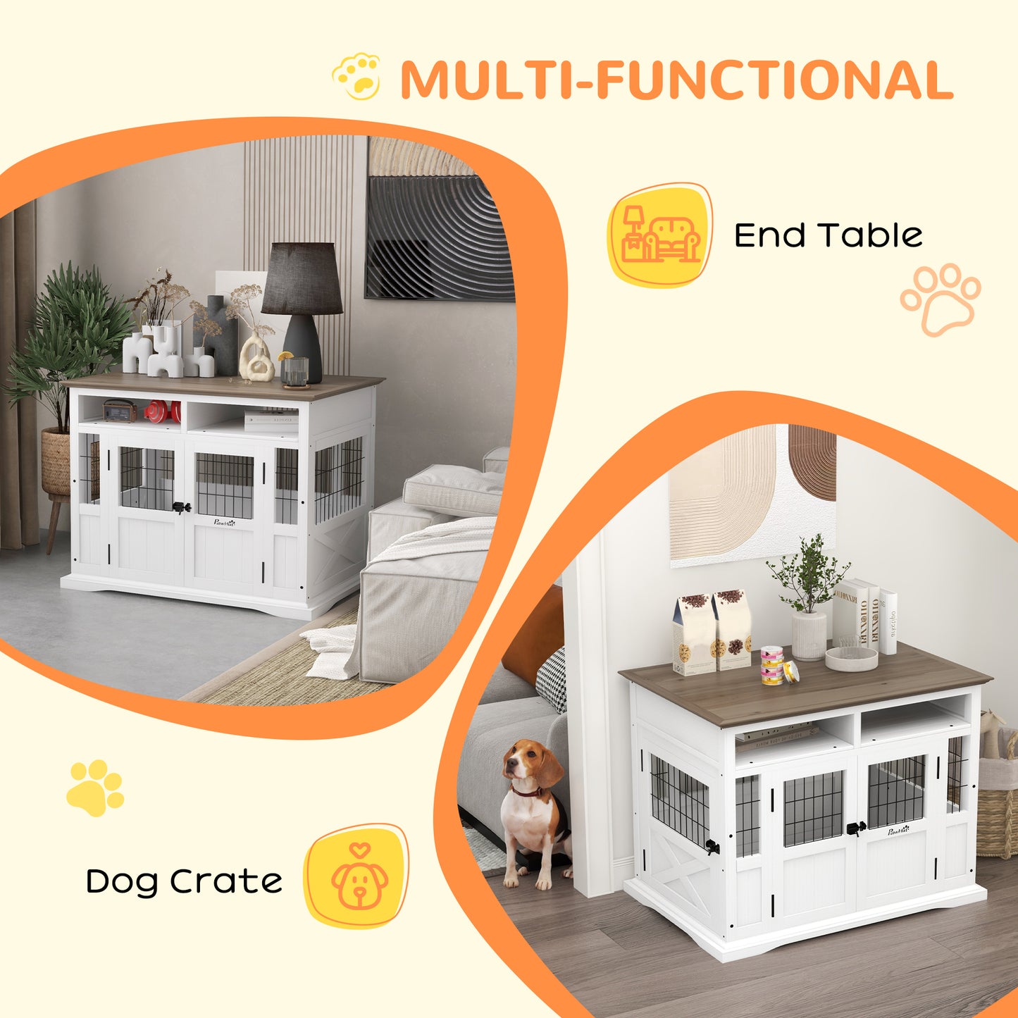PawHut Dog Kennel Furniture Side End Table with Storage Double Doors Small Medium Dogs White | Aosom.com