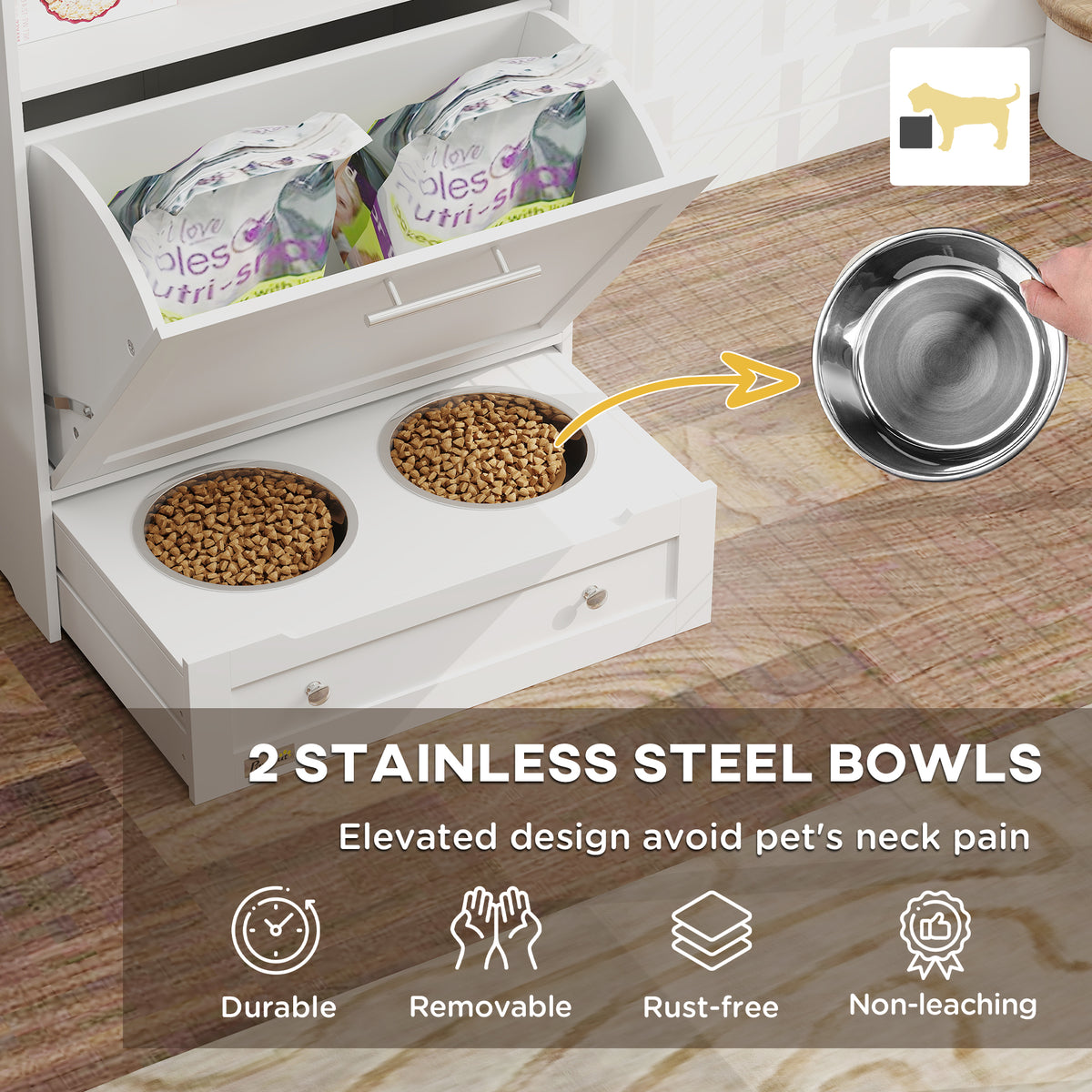 PawHut Pet Feeder Station with Storage, Dog Food Storage Container with 2 Raised Dog Bowls, White | Aosom.com