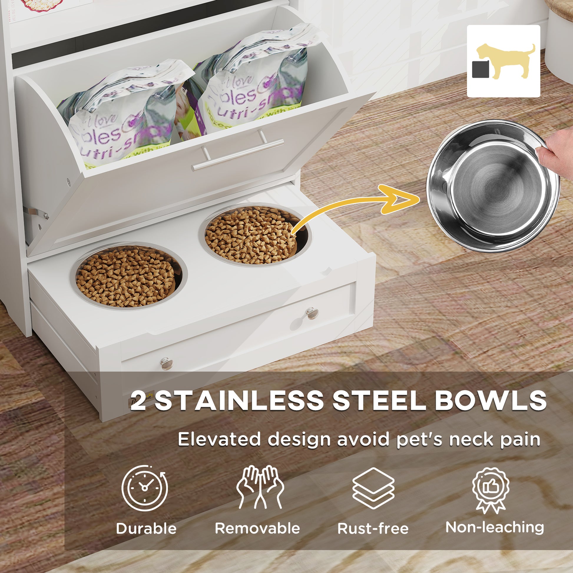 PawHut Pet Feeder Station with Storage, Dog Food Storage Container with 2 Raised Dog Bowls, White | Aosom.com