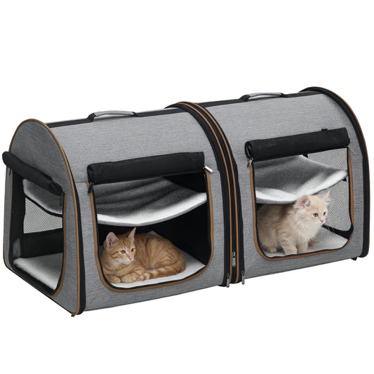 PawHut 39" Portable Twin Compartment Show House Cat Cage/Condo, Soft-Sided Pet kennel, Dual Compartment, Soft Cushions & Storage Bag, Gray