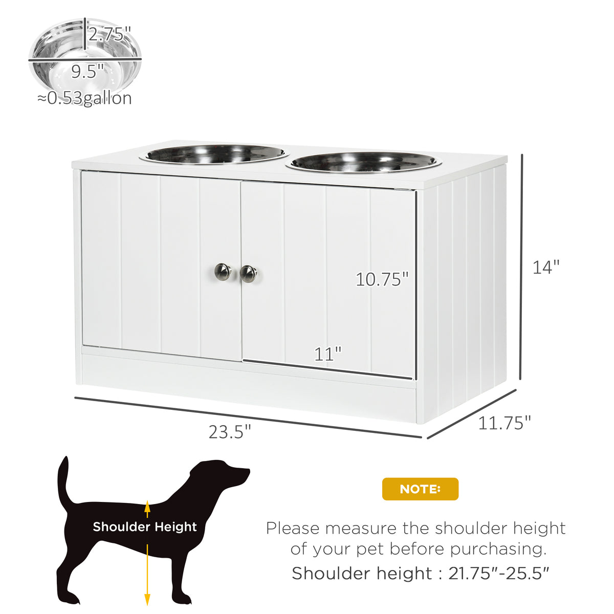 PawHut Elevated Dog Bowls with Storage Cabinet, Large 44L Capacity, Raised Dog Bowl Stand, Pet Food Bowl Feeding Station, White | Aosom.com