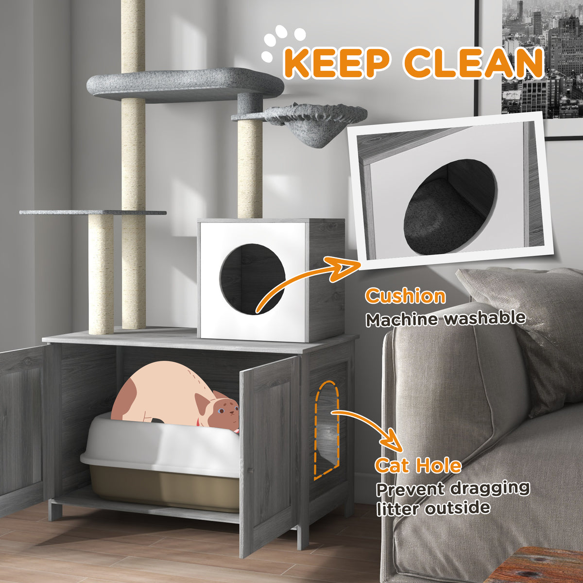 PawHut 2 in 1 Floor to Ceiling Cat Tree with Litter Box Enclosure, Condo, Bed, Hammock, Scratching Posts, and Platforms, Gray