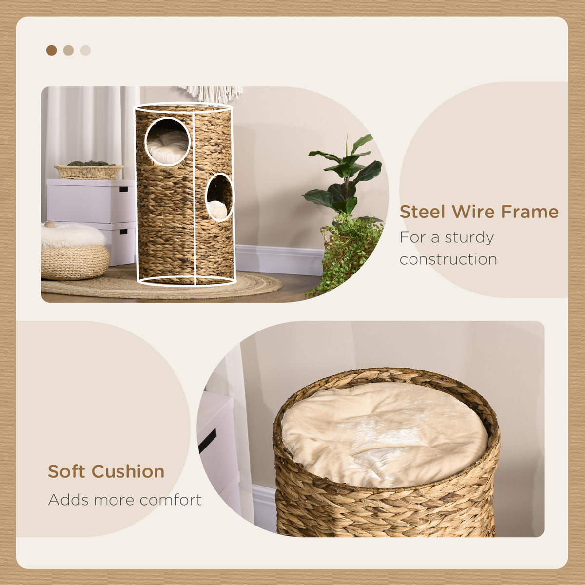 PawHut Cat Condo Tower 3 Story Indoor Kitty House with Removable Cushions Beige | Aosom.com