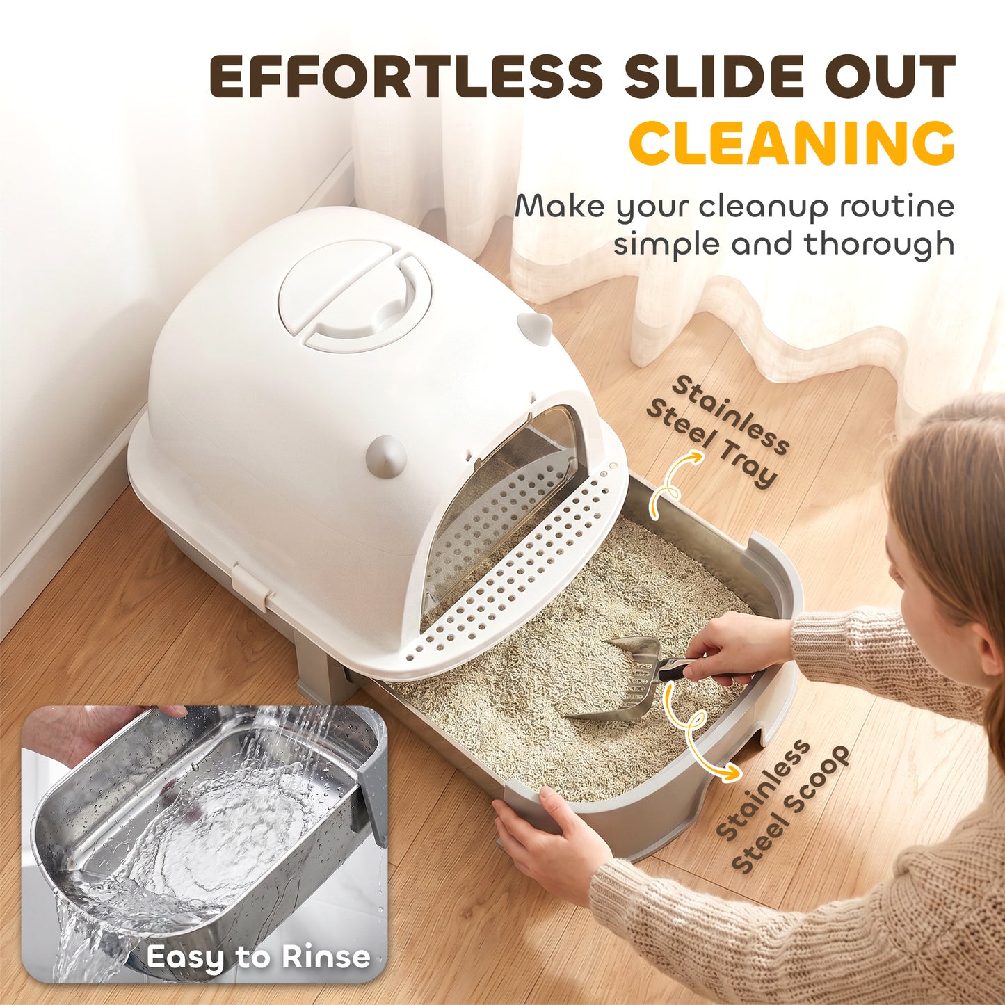 PawHut Stainless Steel Cat Litter Box Easy to Clean Kitty Litter Box with Slide-Out Tray Large Gray