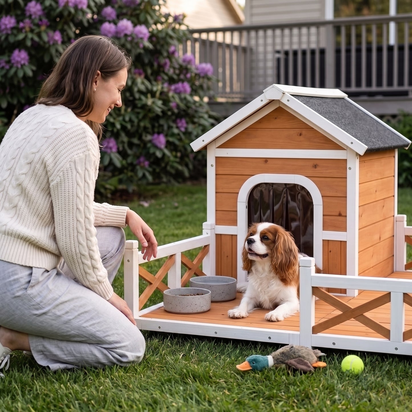 PawHut Outdoor Wooden Dog House, Dog Shelter with Large Porch, Weatherproof & Openable Roof, Elevated Base, Removable Floor