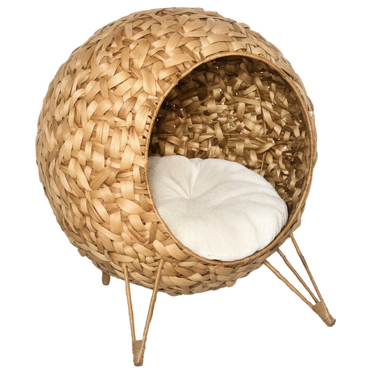 PawHut 20.5 Weaved Cat Bed Elevated Hand Made Cat House Condo with Cushion Brown | Aosom.com