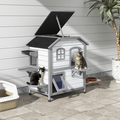 PawHut White Cat Shelter, Weatherproof Outdoor Cat House with 2-Story, Roomy＆Safe Space for 2 Cats, Indoor and Outdoor Use |Aosom.com