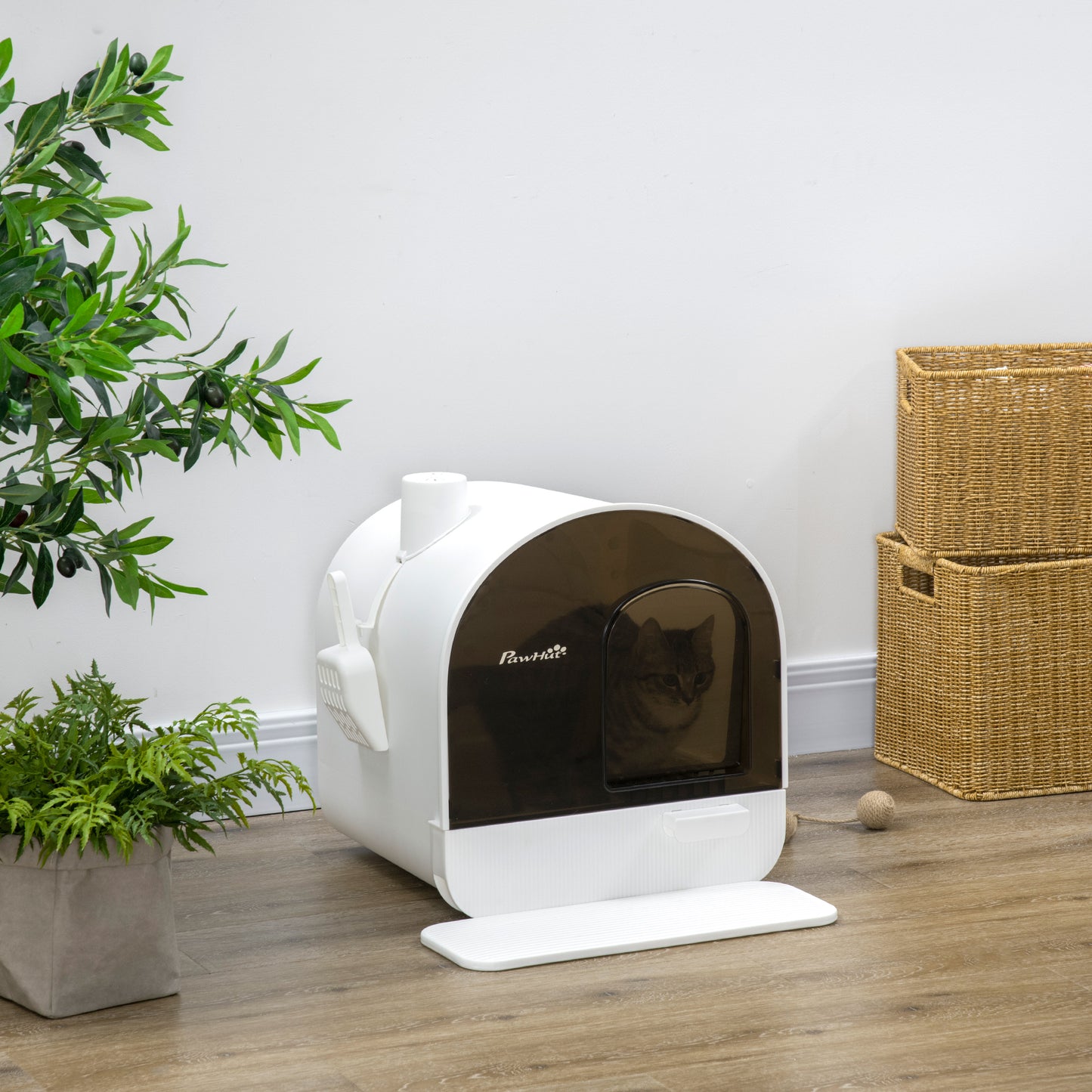 PawHut Covered Cat Litter Box with Lid, Scoop, and Filter, Sleek White | Aosom.com