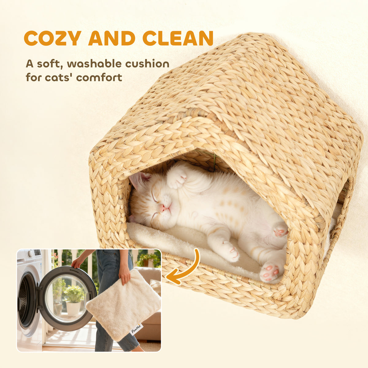 PawHut Wall Mounted Cat House, Cat Wall Furniture, Cat Wall Shelf with Washable Cushion, Natural