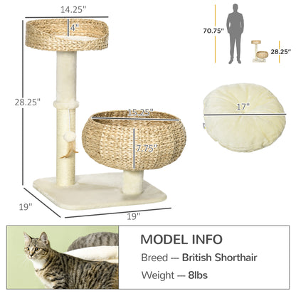PawHut 28" Elevated Cat Bed with Sisal Scratching Post, Modern Cat Tree with Cute Basket Design, Small Cat Tree with Fun Ball Toy