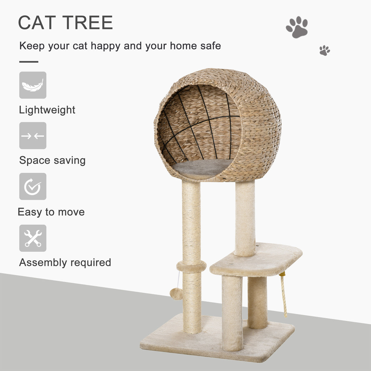 PawHut Modern Cat Tree with Sisal Scratching Post Condo and Hanging Rope 39"H, Beige