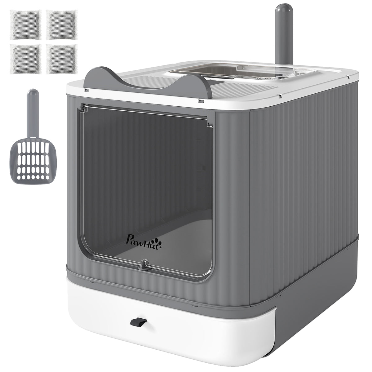 PawHut Cat Litter Box with Lid, Enclosed Litter Box for Medium Cats, Front-Entry and Top-Exit, Scoop, Deodorizer Bag, White