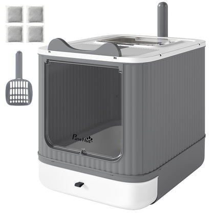 PawHut Cat Litter Box with Lid, Enclosed Litter Box for Medium Cats, Front-Entry and Top-Exit, Scoop, Deodorizer Bag, White