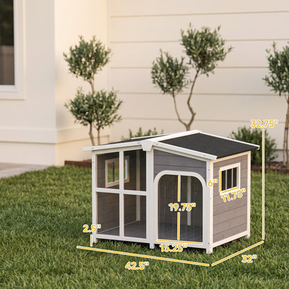PawHut Cabin-Style Wooden Dog House for Large Dogs with Openable Roof & Giant Window,Gray