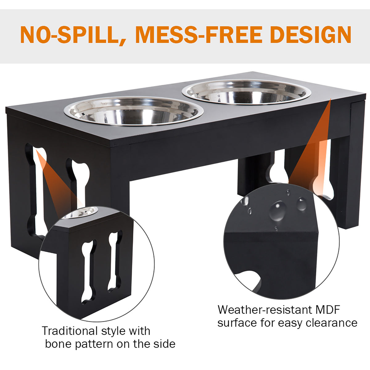 PawHut 23" Modern Decorative Dog Bone Wooden Heavy Duty Elevated Dog Bowl Feeding Station - Black
