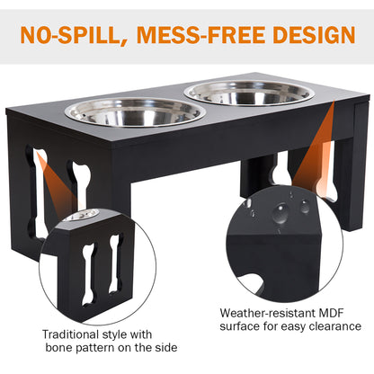 PawHut 23" Modern Decorative Dog Bone Wooden Heavy Duty Elevated Dog Bowl Feeding Station - Black