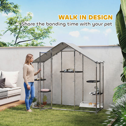 PawHut Large Catio Outdoor Cat Enclosure with Waterproof Cover, Walk-in Cat Patio w/ 5 Adjustable Platforms & Hammock