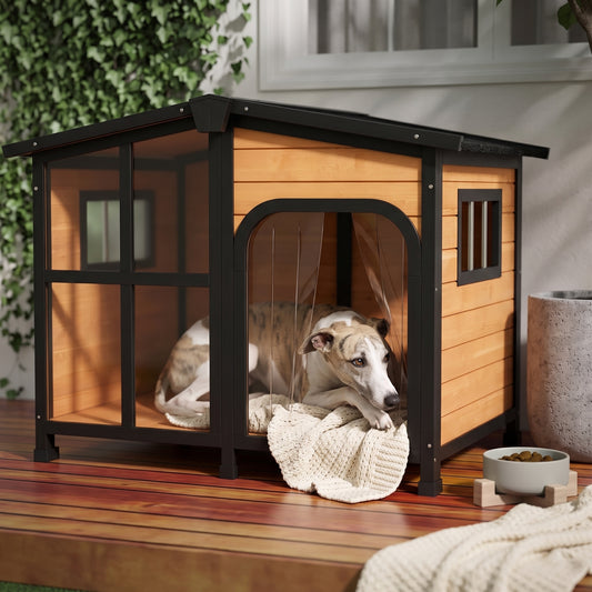 PawHut 43" L Wooden Dog House, Outdoor Waterproof Dog Kennel for Large Dogs with Openable Roof & Giant Window, Yellow | Aosom.com