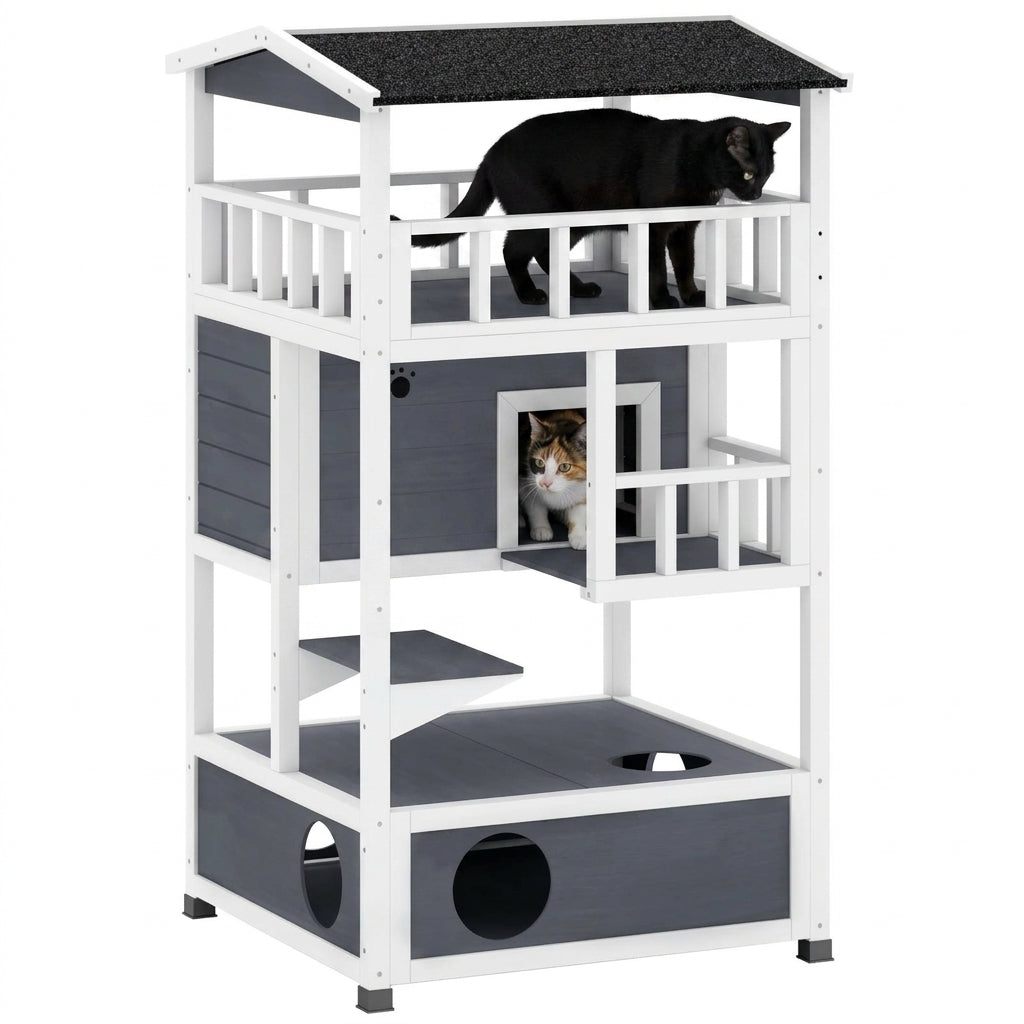 PawHut Solid Wood 4-Floor Cat Condo with Litter Box Space Multi-Level Cat Villa | Aosom.com