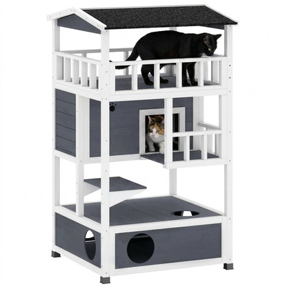 PawHut Solid Wood 4-Floor Cat Condo with Litter Box Space Multi-Level Cat Villa | Aosom.com