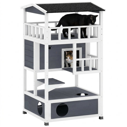 PawHut Solid Wood 4-Floor Cat Condo with Litter Box Space Multi-Level Cat Villa | Aosom.com