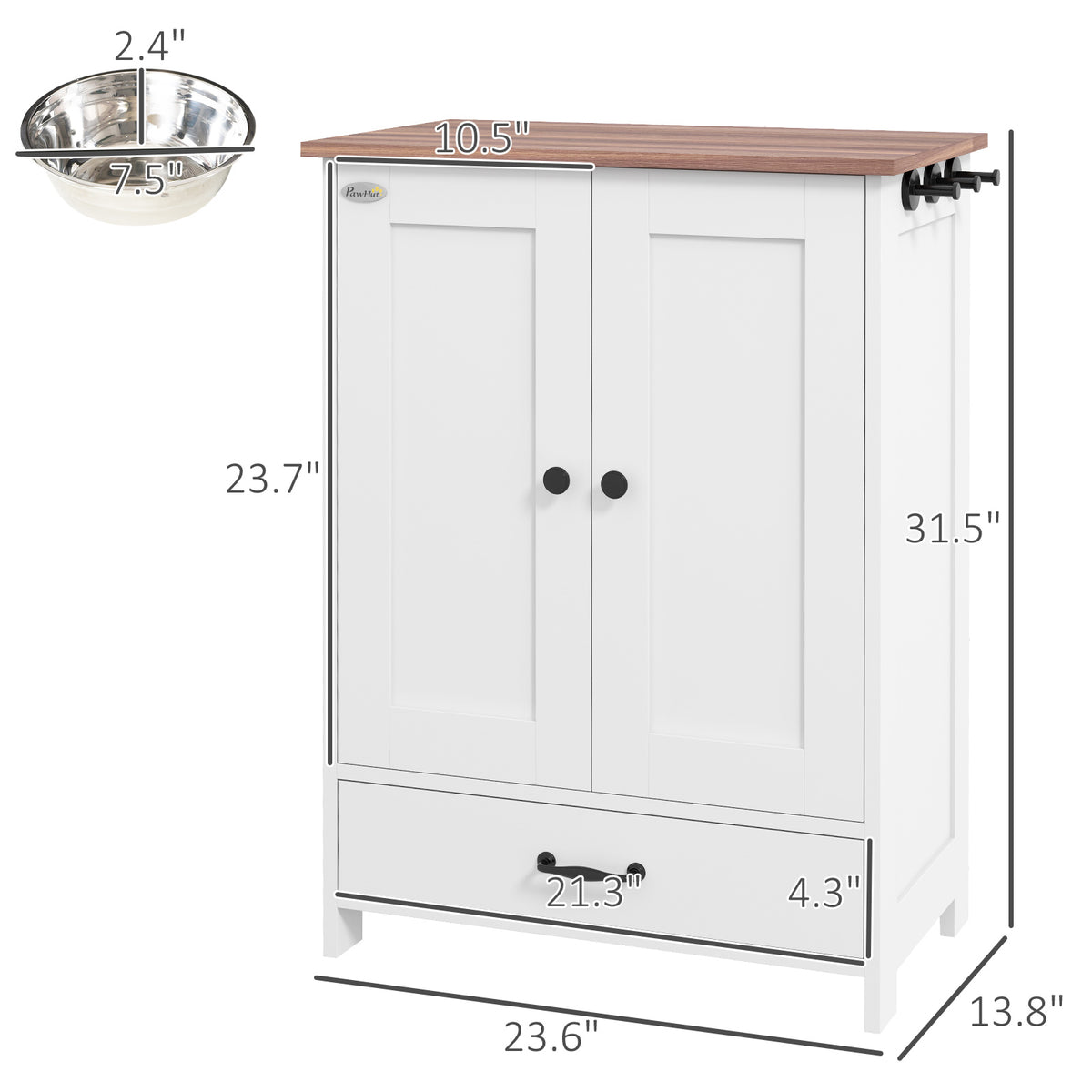 PawHut Pet Feeding Station for Medium Dogs, White, with Storage, Raised Bowls, Adjustable Panel, Hooks | Aosom.com