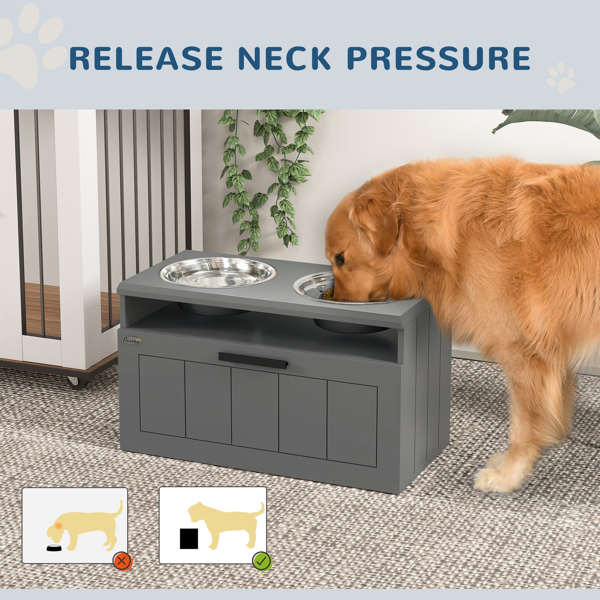 PawHut Elevated Dog Bowls, Large Breed Raised Dogs Bowl Stand with 2 Stainless Steel Bowls, Storage Drawer and Slow Feeder Mat