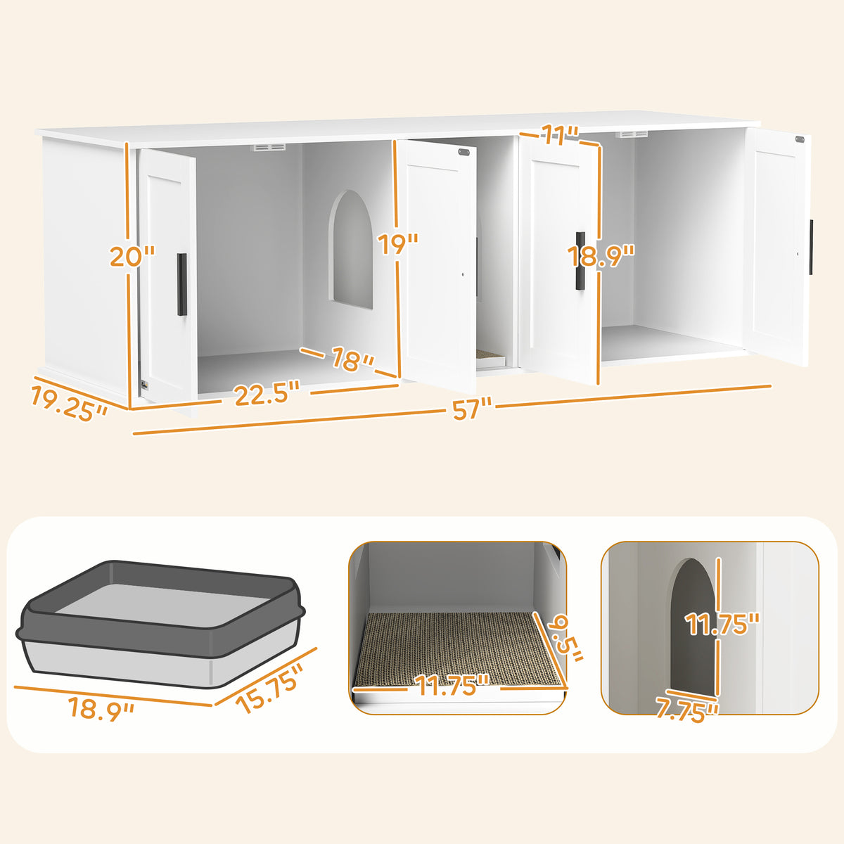 PawHut Cat Litter Box Enclosure with Double Room, Scratching Mat for 2 Cats, 57" x 19" x 20", White